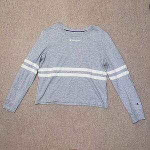 Champion Cropped Gray White Striped Long Sleeve Shirt